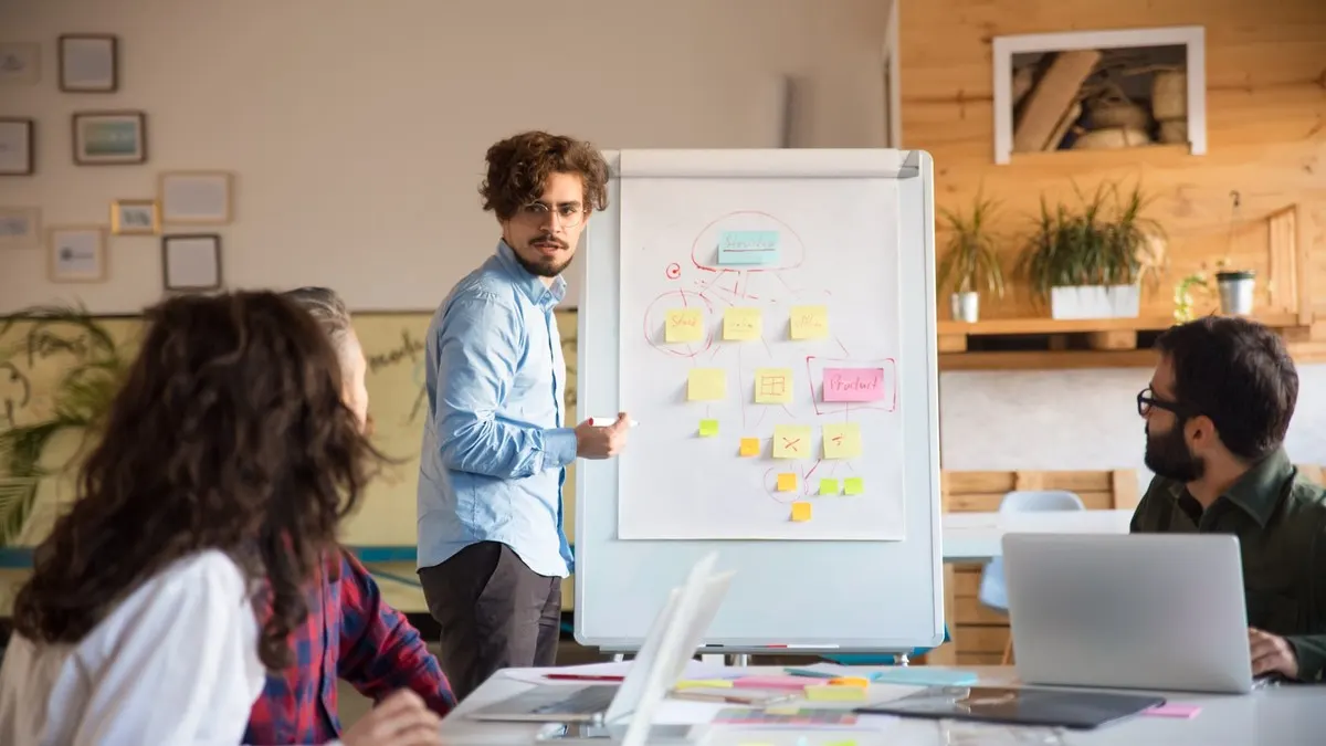 A man stands at a flip chart with a branching diagram of sticky notes linked by red lines while three colleagues watch.