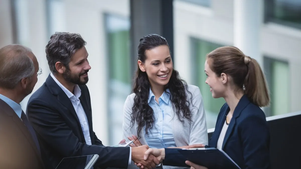 Four smiling business people standing together as two of them shake hands outside an office building