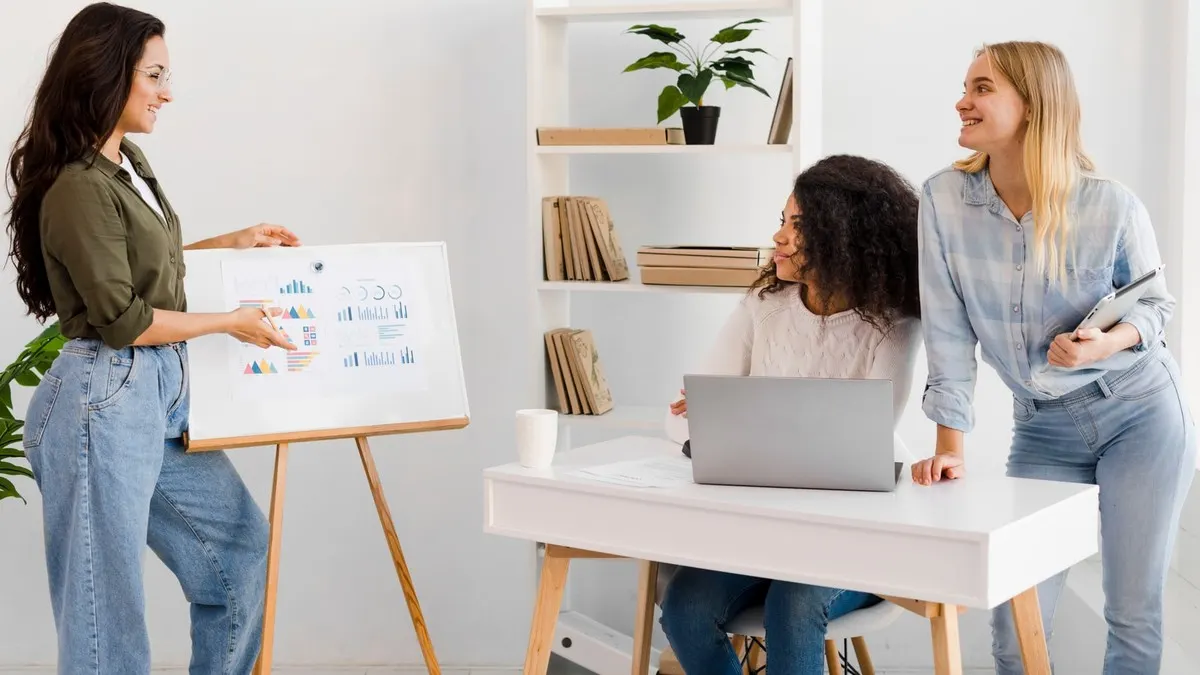 A woman walking two colleagues through charts on an easel in a bright white office