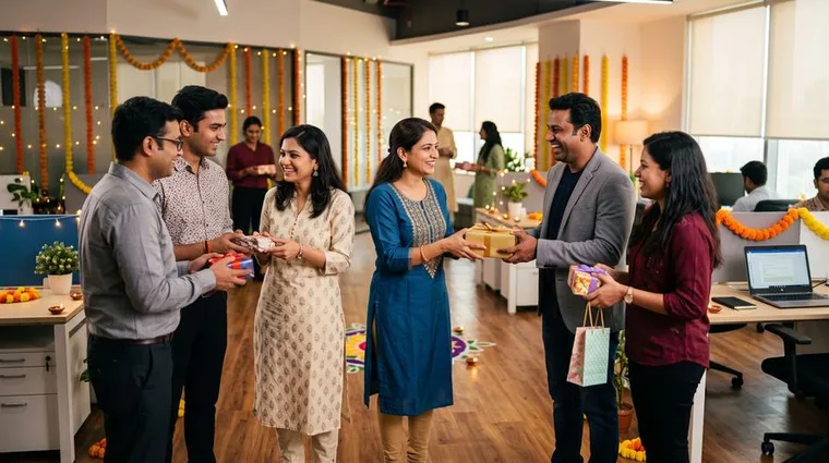 Colleagues exchanging gifts at a Diwali party in the office
