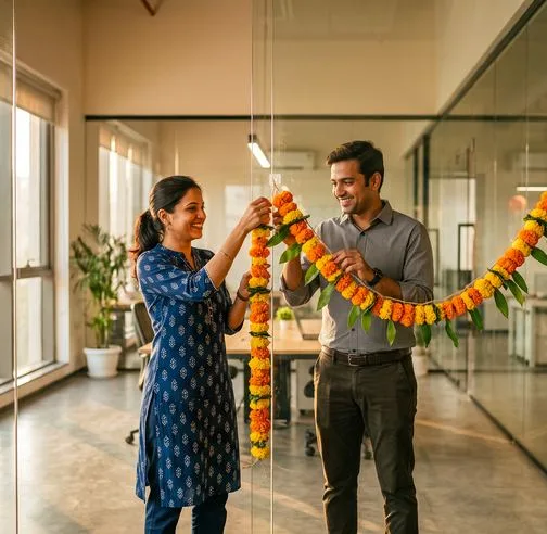 Two colleagues hanging a marigold garland in the office