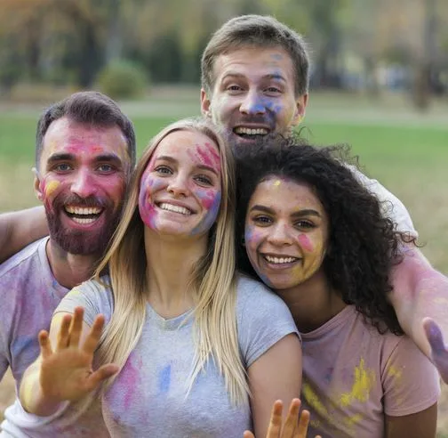 Four friends with Holi colors on their faces, laughing