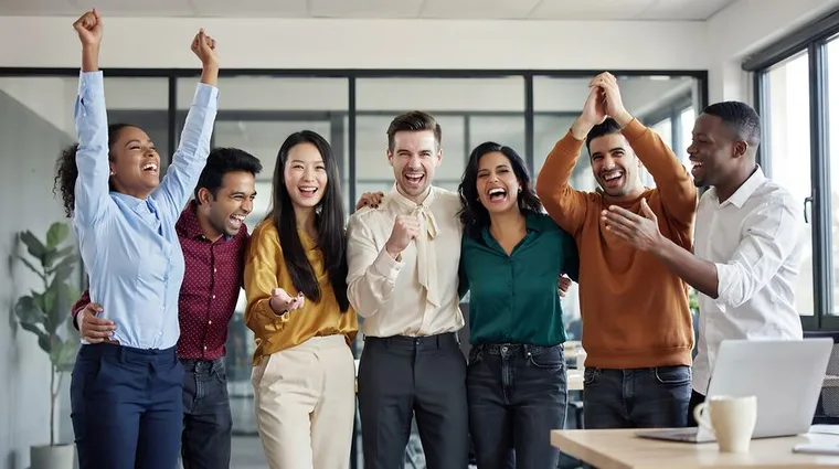 A team cheering with raised arms in an open office