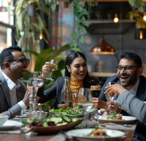 Colleagues laughing over a team lunch