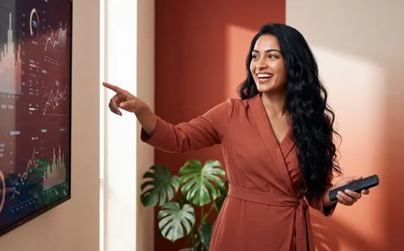 A presenter pointing at a chart on a wall screen